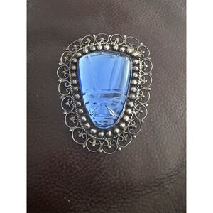 Vintage Sterling Silver Aztec Mayan brooch Pin Made in Mexico J&J Blue Rare